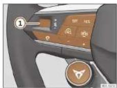 Car interior control panel with labeled buttons and a circular dial indicator showing 100% speed limit