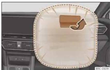 Interior view of a car showing the backrest area with a logo and directional arrow (no text or symbols)