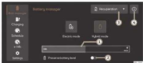 Battery manager Charging Schedule e-Info Settings Electric mode Hybrid mode Preserve battery level 1 2 3 4 5