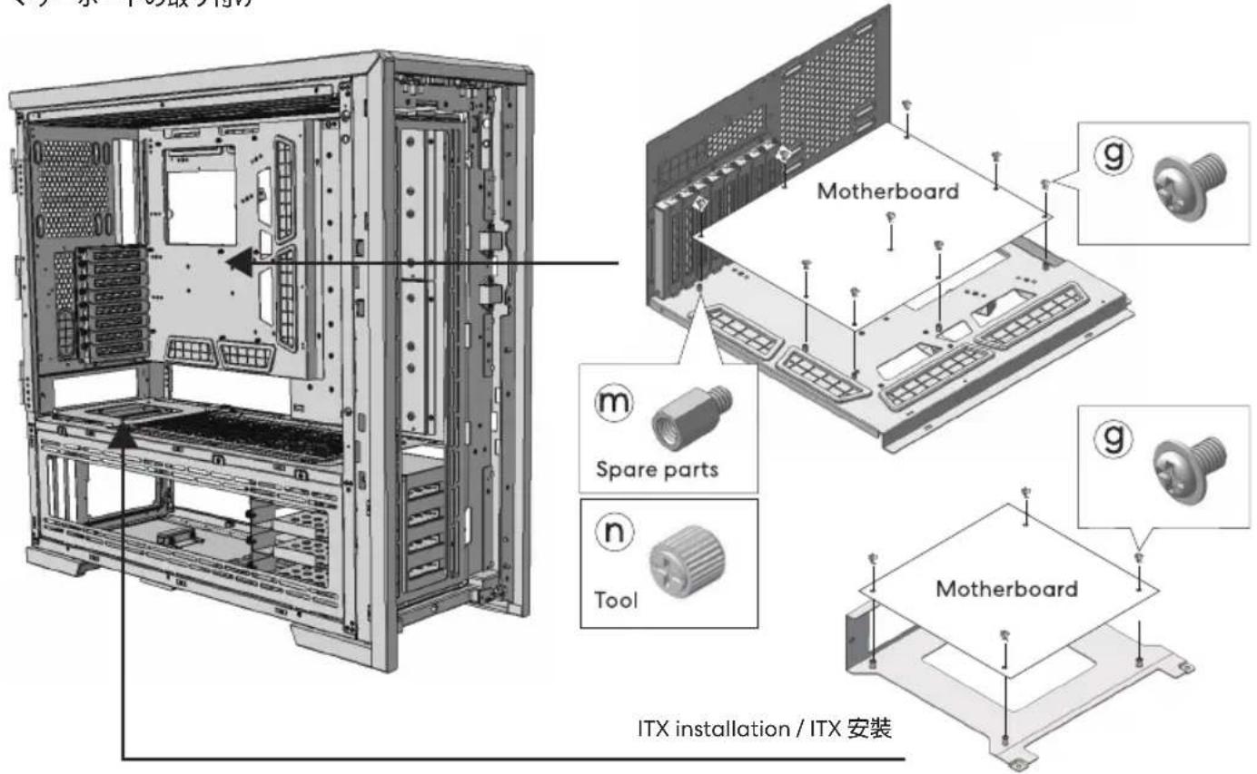 ITX installation / ITX 安装 Motherboard g m Spare parts n Tool g Motherboard