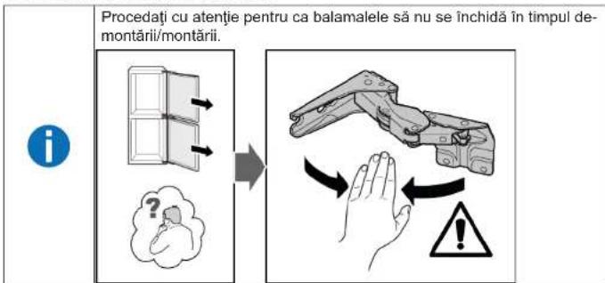 Procedați cu atenție pentru ca balamalele să nu se închidă în timpul demontării/montării.