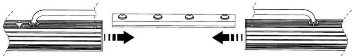 Diagram showing three stages of a mechanical or electrical component assembly, with arrows indicating direction (no text or symbols present)