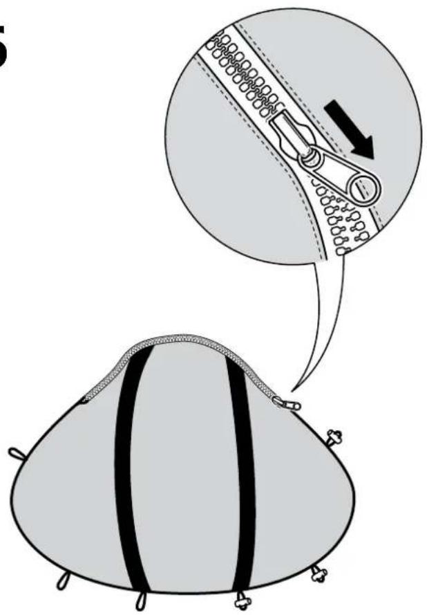 Schéma illustrant un dispositif mécanique inséré dans un sac, avec une flèche indiquant le processus.