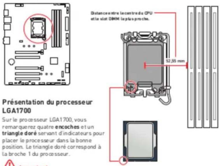 Présentation du processeur LGA1700. Sur le processeur LGA1700, vous remarquerez quatre encoches et un triangle doré servant d'indicateurs pour placer le processeur dans la bonne position. Le triangle doré correspond à la broche 1 du processeur. Distance entre le centre du CPU et le slot DIMM le plus…