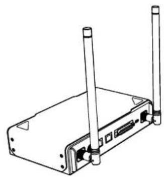 Line drawing of a wireless router with two antennas and ports (no text or symbols)