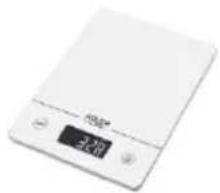 White digital kitchen scale with LCD display and control buttons (no visible text or symbols)