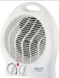 White portable electric heater with visible cooling fan and control knobs, no text or symbols.