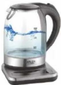 Glass water-filled kettle with digital water splash, no visible text or symbols