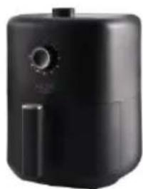 Black air fryer with control knob and side handle (no visible text or symbols)