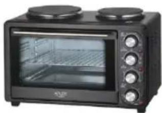Black four-burner kitchen oven with two top ovens and control knobs, no visible text or labels.