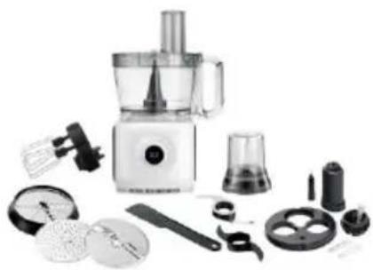 Assorted kitchen utensils including a blender, spatula, and cleaning tools (no text or labels visible)