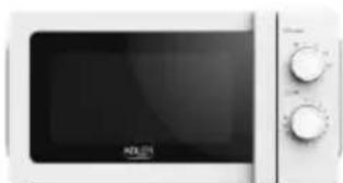 Front view of a white microwave oven with control knobs and a black tray (no visible text or symbols)