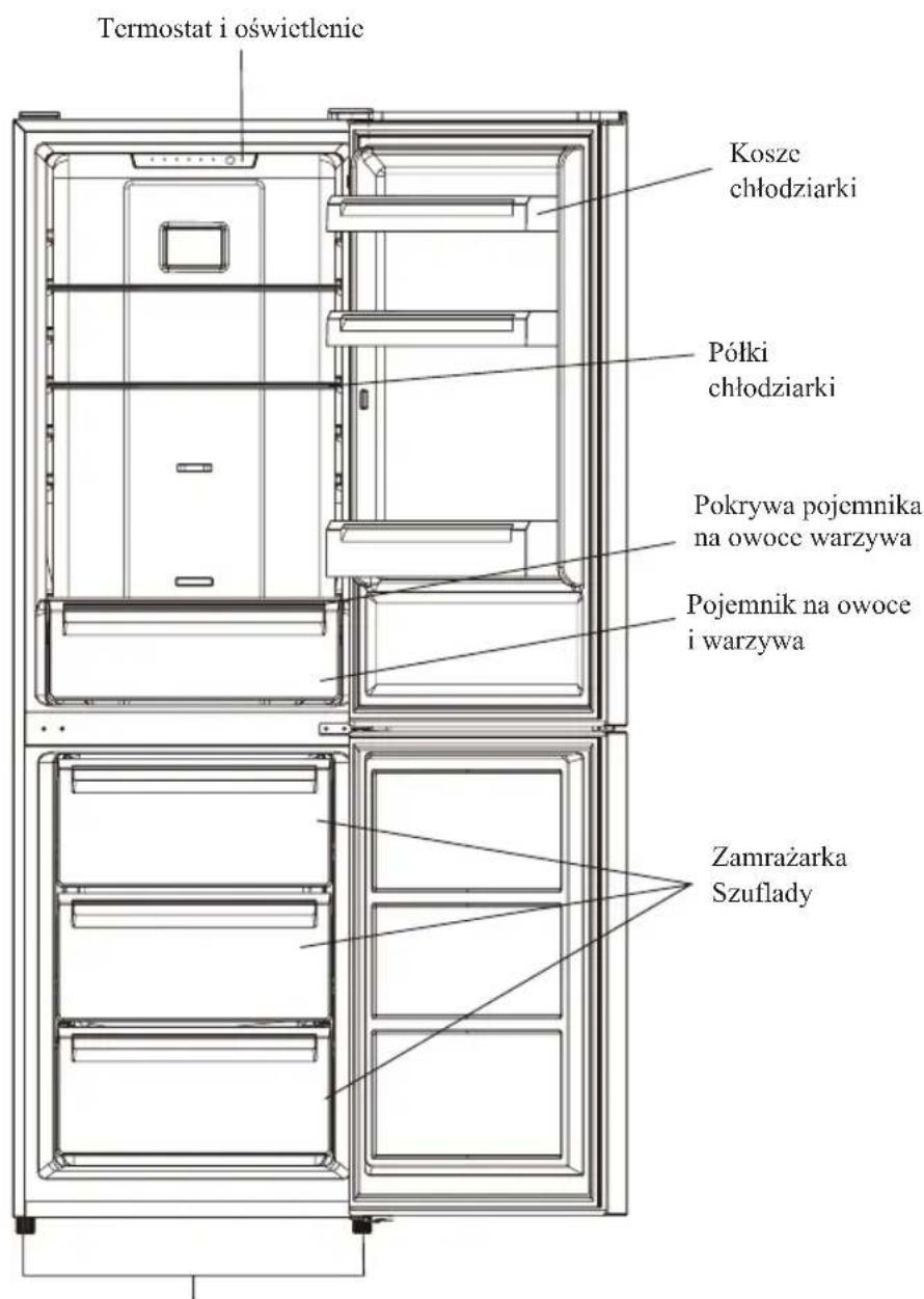 Termostat i oświetlenie Kosze chłodziarki Półki chłodziarki Pokrywa pojemnika na owoce warzywa Pojemnik na owoce i warzywa Zamrażarka Szuflady