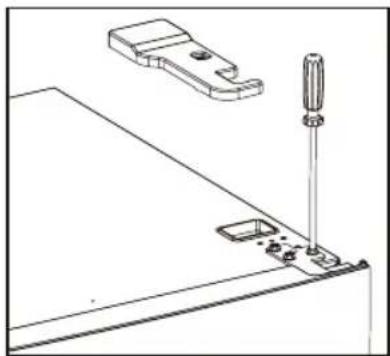 Technical line drawing of a mechanical assembly with a screwdriver inserted into a bracket (no text or symbols)