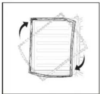 Simple line drawing of a folded document with arrows indicating rotation (no text or symbols)