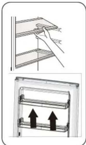 Diagram showing a hand installing or adjusting a shelf panel and a mechanical device with two upward arrows (no text or symbols)