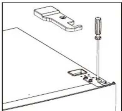 Technical line drawing of a mechanical assembly with a screwdriver inserted and a bracket (no text or symbols)