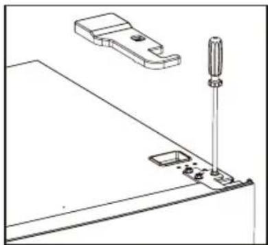 Technical line drawing of a mechanical assembly with a screwdriver inserted and a bracket (no text or symbols)