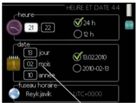 heure ET DATE 4.4 21:22 24 h 12 h date 13 jour 13.02.2010 02 mois 2010-02-13 10 année fuseau horaire Reykjavik JUTC+00:00