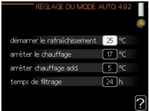 RÉGLAGE DU MODE AUTO 4.92 démarrer le rafraîchissement 25 °C arrêter le chauffage 17 °C arrêter chauffage add. 5 °C temps de filtrage 24 h