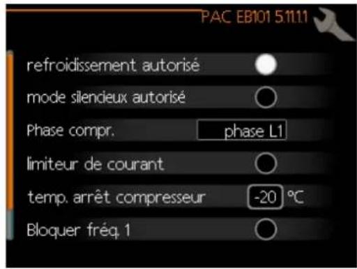 PAC EB101 5:11:11 refroidissement autorisé mode silendeux autorisé Phase compr. phase L1 limiteur de courant temp. arrêt compresseur -20 °C Bloquer fréq. 1