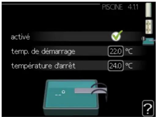 PISCINE 4.11 activé temp. de démarrage 22.0 °C température d'arrêt 24.0 °C
