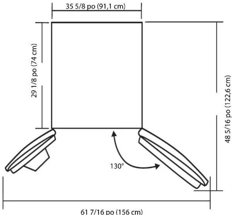 35 5/8 po (91,1 cm) 29 1/8 po (74 cm) 48 5/16 po (122,6 cm) 61 7/16 po (156 cm) 130°