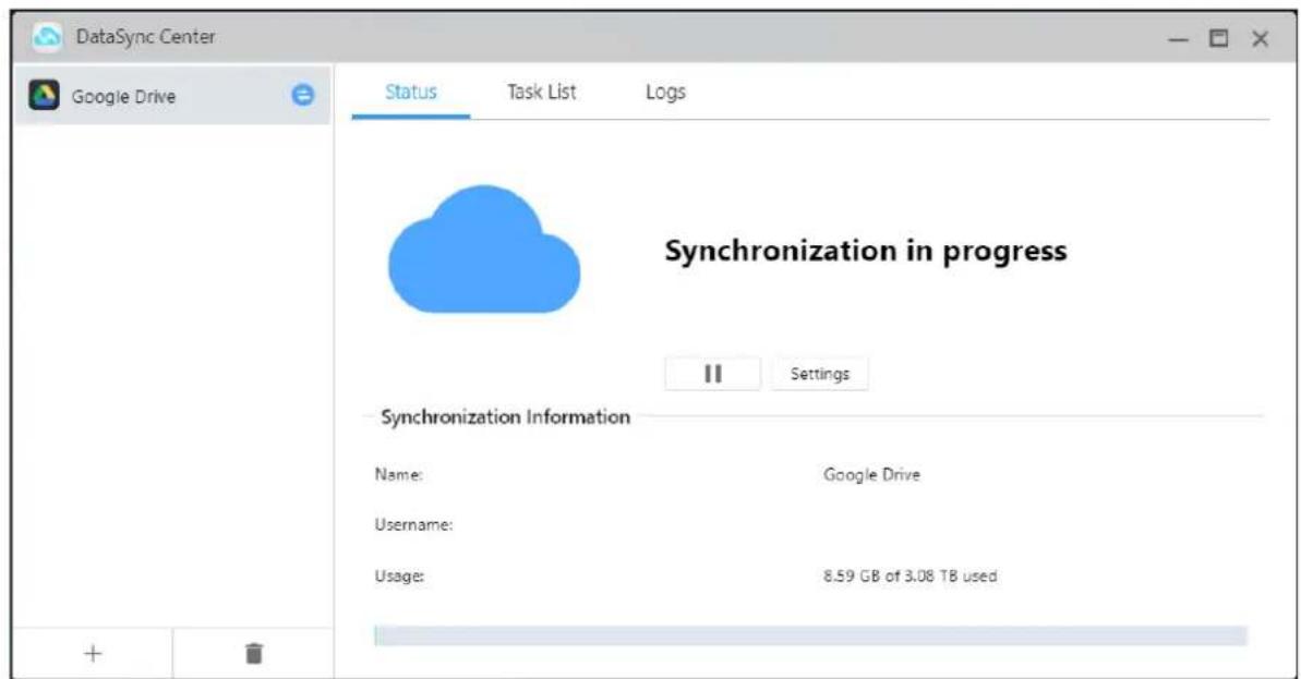 DataSync Center Google Drive Status Task List Logs Synchronization in progress Settings Synchronization Information Name: Google Drive Username: 8.59 GB of 3.08 TB used