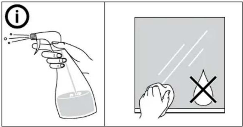 Diagram showing a spray bottle spraying liquid and a hand cleaning a window with a cross symbol