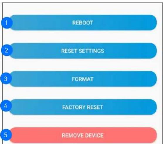 1 REBOOT 2 RESET SETTINGS 3 FORMAT 4 FACTORY RESET 5 REMOVE DEVICE