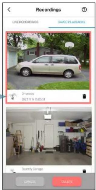 Recordings LIVE RECORDINGS SAVED PLAYBACKS Driveway 2022 11 34 15:05:51 Fourtiy Garage CARGES DELETE
