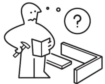 Dessin au trait simple d'une personne examinant un livre avec un marteau, à côté d'un point d'interrogation (sans texte ni symboles).