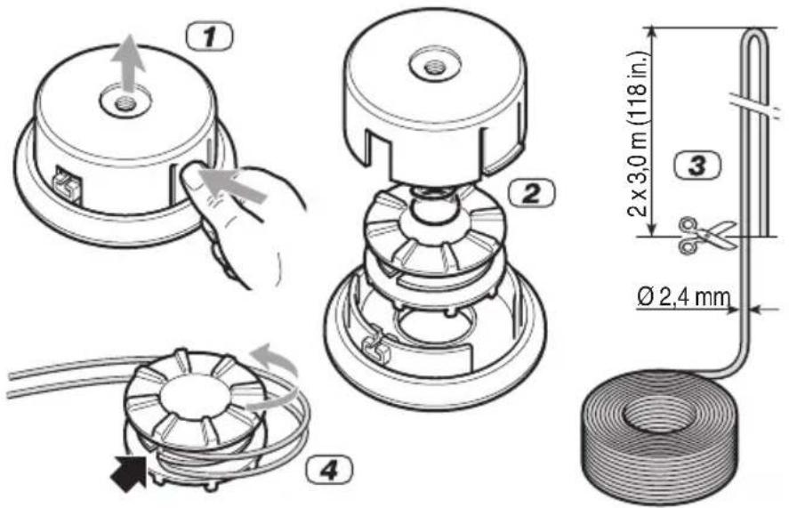 Technical diagram showing four-step assembly of a mechanical device with labeled parts and dimensional annotations.