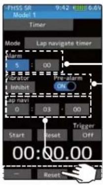 PHSS SR Model 1 Timer Mode Lap navigate timer Alarm 5 00 Inhibitor Pre-alarm 03 00 Start Reset Trigger Off 00:00.00 Reset