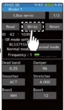 FHSS SR Model 1 9:42 KBI 6.6 5.Bus servo 1/2 Read Write Reset ID 42 * 103V SR mode set# BLS371SV Normal mode Normal mode Frequency : 1 Dead band Damper 0.25 96 Smother Stretcher ACT 4.000 Boost Boost INH 12