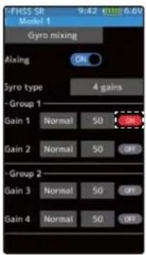 FHSS SR 9:42 GTR 6.6V Model 1 Gyro mixing Aixing ON Gyro type 4 gains Group 1 Gain 1 Normal 50 Gain 2 Normal 50 Group 2 Gain 3 Normal 50 Gain 4 Normal 50