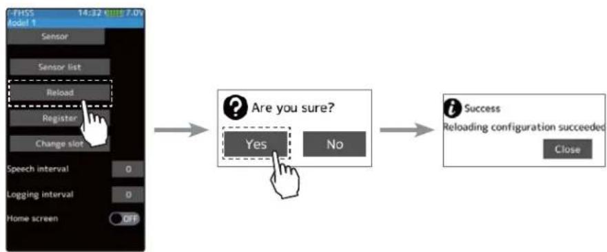 graph LR A["Sensor list"] --> B["Reload"] B --> C["Register"] C --> D["Change slot"] D --> E["Speech interval 0"] D --> F["Logging interval 0"] D --> G["Home screen OFF"] B --> H{Are you sure?} H -->|Yes| I["Success"] H -->|No| J["Reloading configuration succeeded"] J --> K["Close"]
