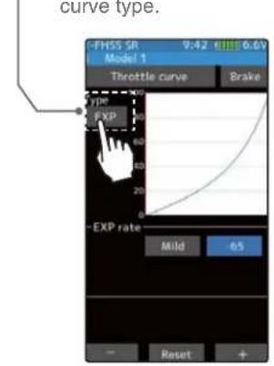 curve type. -FHSS SR 9:42 6.6V Model 1 Throttle curve Brake type EXP EXP rate Mild -65 Reset