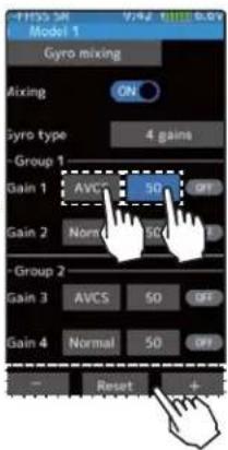 Model 1 Gyro mixing Mixing ON Gyro type 4 gains Group 1 Gain 1 AVCS 50 OFF Gain 2 Normal 50 Group 2 Gain 3 AVCS 50 OFF Gain 4 Normal 50 OFF Reset +
