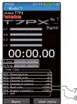 FHS5 21:11 GMT 7.0 Model 1 utaba T7PX T7PX Rx ↑ Digital R.1 R.2 R.3 R.4 00:00.00 R. Trim - Single Trim R. Trim - Double Trim Trim / Dual R11 Steering from R1 R12 Steering from R1 R13 Closed & Control +0 R14 Closed & Control +0 R15 Dual rate +100 R16 Peak rate(ATs) +100 R1 Off Menu User menu