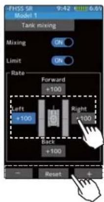 FHS SR 9:42 €/100 6.01 Model 1 Tank mixing Mixing ON Limit ON Rate Forward +100 Left +100 Right +100 Back +100 Reset +