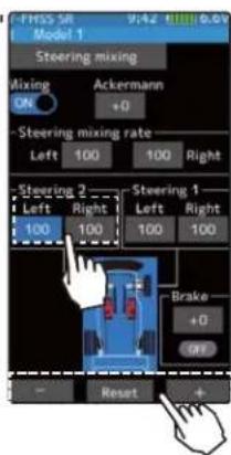 FHS SR Model 1 Steering mixing Mixing ON Ackermann +0 Steering mixing rate Left 100 100 Right Steering 2 Left Right 100 100 Steering 1 Left Right 100 100 Brake +0 Reset +