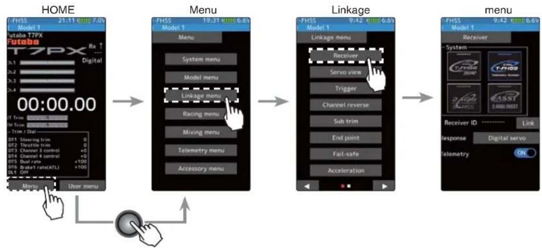 graph LR A["Menu"] --> B["Linkage"] B --> C["Connection"] A --> D["User menu"] D --> E["Home"] subgraph Menu F["FHSS 21:11 KUI$7.0V<br>Model 1<br>Futaba T7PX Rx ↑<br>Digital<br>00:00.00<br>3.1 Trim<br>04 Trim / Dual<br>01 Steering trim 0<br>02 Flatlet trim 0<br>03 Channel 3 control +0<br>04 Channel…