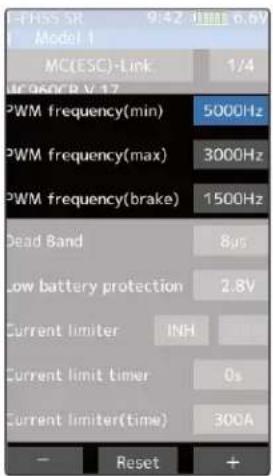 F-THSS SR 9:42 min 6.8V Model 1 MC(ESC)-Link 1/4 MC060CB V.17 PWM frequency(min) 5000Hz PWM frequency(max) 3000Hz PWM frequency(brake) 1500Hz Dead Band 8μs Low battery protection 2.8V Current limiter INH Current limit timer 0s Current limiter(time) 300A Reset +