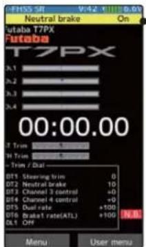 Neutral brake Futaba T7PX Futaba T7PX 00:00.00 T Trim 100 T Trim 200 Trim / Dual GT1 Steering trim 0 GT2 Neutral Brake 10 GT3 Channel 3 control +0 GT4 Channel 4 control +0 GT5 Dual rate +100 GT6 Brake1 rate(ATL) +100 OL OFF Menu User menu