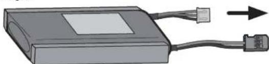 Illustration of a rectangular electronic device with two connectors and an arrow indicating direction (no text or symbols)