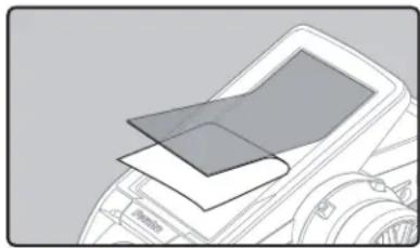 Diagram of a camera module with a flat screen and a rectangular cover, no text or symbols present