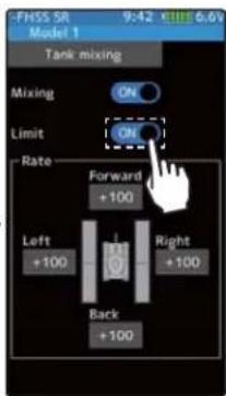 FHSS SR Model 1 9:42 GMTS 6.0V Tank mixing Mixing ON Limit ON Rate Forward +100 Left +100 Back +100 Right +100