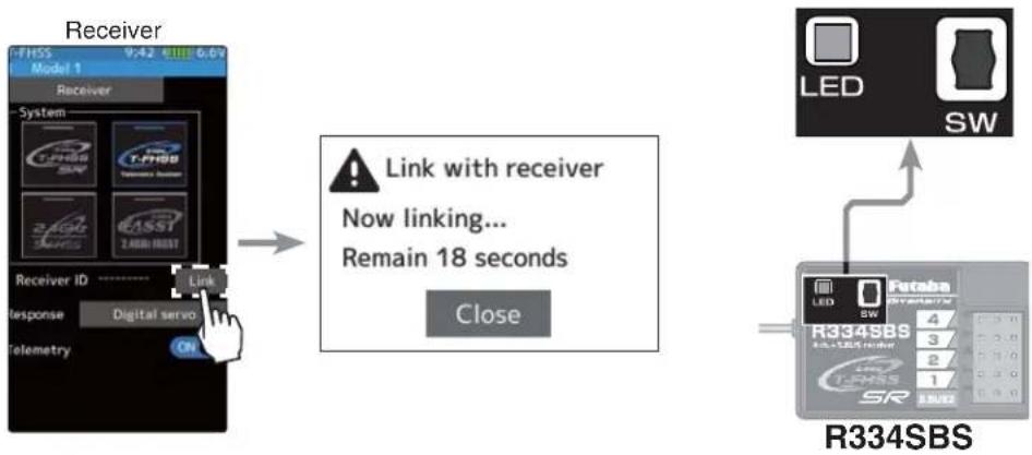 graph TD A["Receiver"] --> B["Link with receiver"] B --> C["Now linking... Remain 18 seconds"] C --> D["Close"] D --> E["R334SBS"] E --> F["LED SW"] E --> G["LED Switch"]