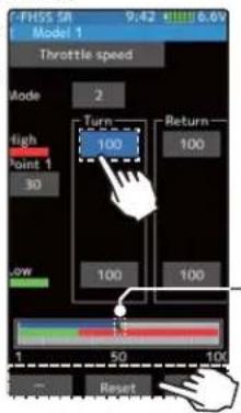F-HSS SR 9.42 6000 6.6V Model 1 Throttle speed Mode 2 Turn 100 Return 100 High Point 1 30 LOW 100 100 Reset